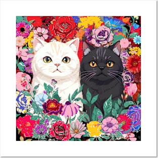 black and white cat, FLOWERS Posters and Art